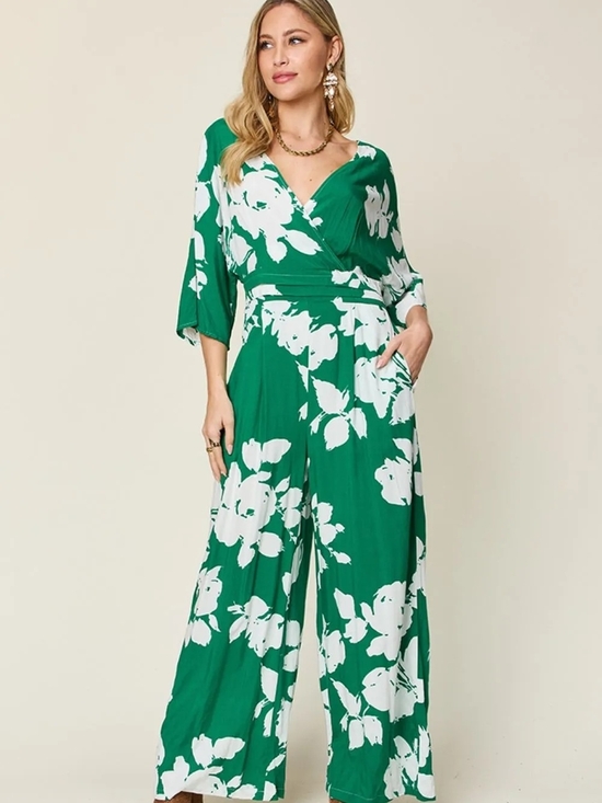 Double Take Pants - Double Take Full Size Printed Tie Back Wideleg Green Wht Jumpsuit Multiple Sizes